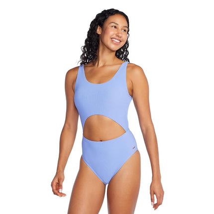 Speedo Women's Swimsuit One Piece Keyhole Tie Back, Ribbed Curious Blue, 8