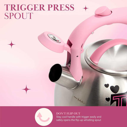 Paris Hilton Whistling Stovetop Tea Kettle, Stainless Steel with Color Changing That's Hot Heat Indicator Design, Soft Touch Handle, 2.5-Quart, Pink