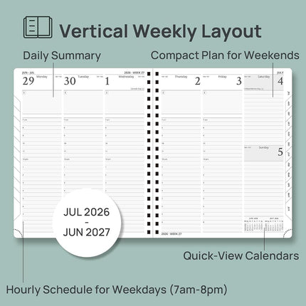 POPRUN Planner 2026-2027 (Large - 8.5'' x 10.5'') Academic Weekly Calendar (July 2026 - June 2027) with Hourly Time Slots, Monthly Tabs, 100GSM Thick Papers, Spiral Leather Cover - Celadon Green