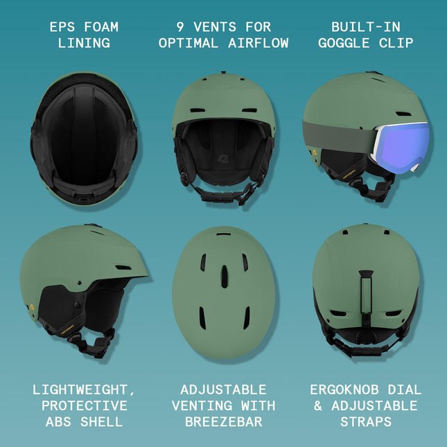Retrospec Zephyr Ski & Snowboard Helmet for Adults - Adjustable with 9 Vents - Impact Resistant ABS Shell & EPS Foam - Matte Olive, Small 52-55.5cm