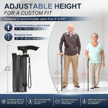 supregear Folding Cane, 5-Level Adjustable Height Walking Stick Lightweight Portable Cane Travel Cane with Wrist Strap and T Handle for Elderly Disabled Men Women, Leopard Red