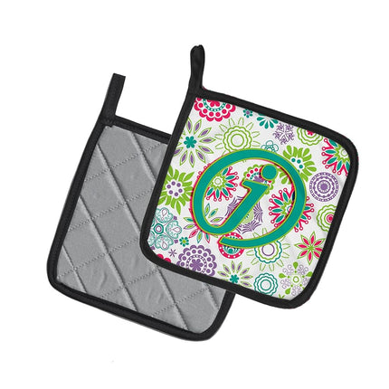 Caroline's Treasures Letter J Flowers Pink Teal Green Initial Pair of Pot Holders CJ2011-JPTHD, Fabric, Multicolor
