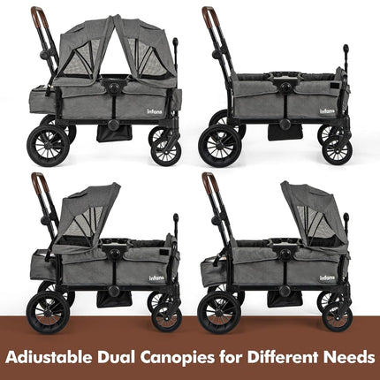 INFANS Wagon Stroller for 2 Kids, Collapsible Adjustable Push Pull Handle Bar, 2 Seater Stroller Wagon with Removable Canopy Snack Tray, Comfortable Drop-Down footwell and Upholstered Seats (Grey)