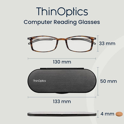 ThinOptics Blue Light Glasses 1.00, Tortoise Frame, Slim 4mm Case, Foldable