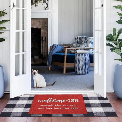 JJUUYOU Welcome Mats for Front Door Outdoor Entry Funny Welcome Ish Depends Who You are Doormat Non Slip Rubber Mat for Home Indoor Farmhouse Funny Kitchen Rugs Patio Red