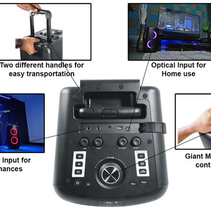 Rockville Elite Party 65 Bluetooth Party Speaker, 2000W Peak/500W RMS, Karaoke Effects, LED Lights, Guitar/Optical Inputs, for Events and Parties