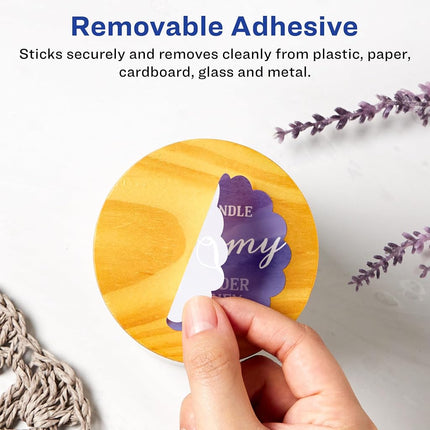 Avery Matte White Removable Round Scalloped Labels with Sure Feed Technology, Print-to-The-Edge, 2.5" Diameter, 225 Removable Labels, Laser/Inkjet Printable Labels