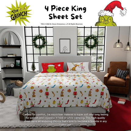 Franco Collectibles Dr. Seuss Le Grinch Parure de lit de Noël et des fêtes ultra douce en microfibre 4 pièces king size (produit sous licence officielle)