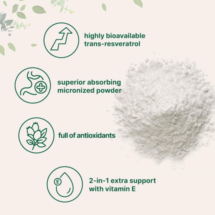 Pure Trans-Resveratrol Powder with Vitamin E, 5 Ounce, Super Antioxidant for Cardiovascular Support, Non-GMO and Vegan Friendly