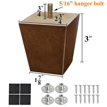 Wood Furniture Legs 3 inch Sofa Legs Pack of 4 Square Couch Legs Brown Mid-Century Modern Replacement Legs for Armchair Recliner Coffee Table Dresser