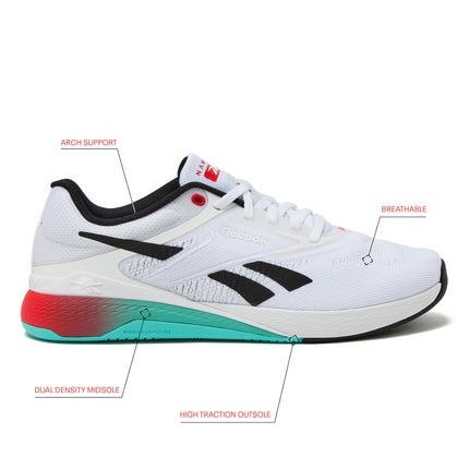 Reebok Nano X5 Mens Shoes, Cross Training and Light Running Sneakers for Men, Footwear White/Black/Energy Red, 5.5 Women/4 Men