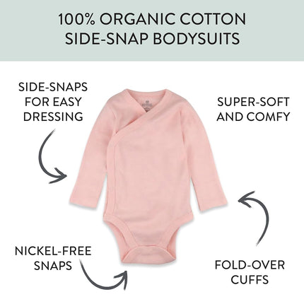 HonestBaby Bodysuits tipo kimono de algodón orgánico de manga larga con broches laterales para bebé (paquete de 3), piña rosa, de 6 a 9 meses