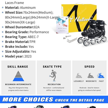Black Inline Skates for Men Youth Boys, 4 Sizes Adjustable Blades Roller Skates with Ankle Support, Adjustable Strap, 84mm Wheels and Soft Boot Fit for Skating, Roller Derby, Street Hockey