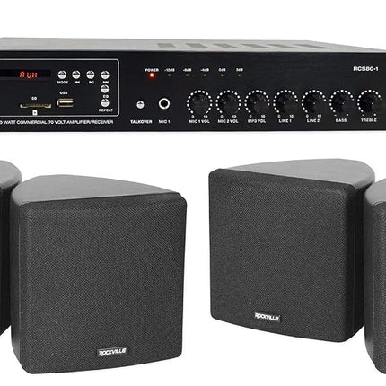 Rockville Commercial Restaurant Bluetooth Amplifier+(4) 3.5" Black Cube Speakers