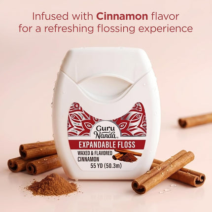 GuruNanda Expandable Waxed Dental Floss for Gentle, Deep Cleaning Wide Teeth Flossing - Cinnamon Flavor - 55 Yards