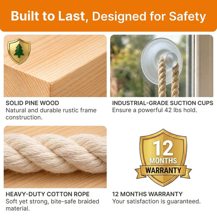 Cat Window Perch with Industrial-Grade Suction Cups - Solid Pine Wood Hammock Bed, Soft Cushion - 42 lb Capacity for Cats Inside