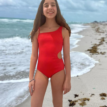 Kanu Surf Girls' Cori Beach Sport One Shoulder Side Cut UPF 50 One Piece Swimsuit, Cori White, 10