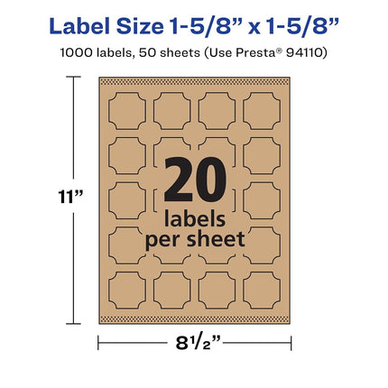 Avery Kraft Brown Square Scalloped Labels with Sure Feed, 1-5/8" x 1-5/8", 1,000 Kraft Brown Labels, Print-to-The-Edge, Laser/Inkjet Printable Labels