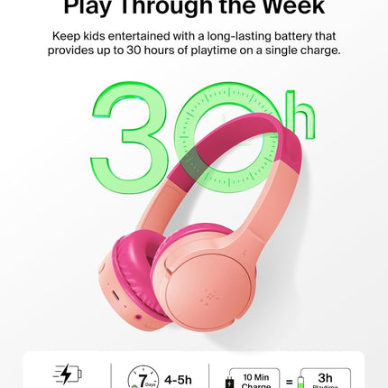 Belkin SoundForm Mini Kids Wireless Headphones w/Built-in Microphone, 30H of Playback Time, Fun Stickers - Over-Ear Headsets for Online Learning, School, iPhone, iPad, Galaxy, & More - Pink