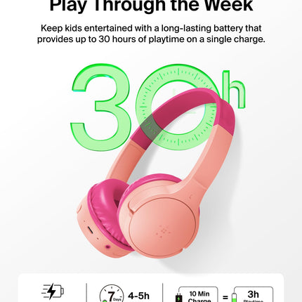 Belkin SoundForm Mini Kids Wireless Headphones w/Built-in Microphone, 30H of Playback Time, Fun Stickers, & Case - Over-Ear Headsets for Online Learning, School, iPhone, iPad, Galaxy, & More - Pink