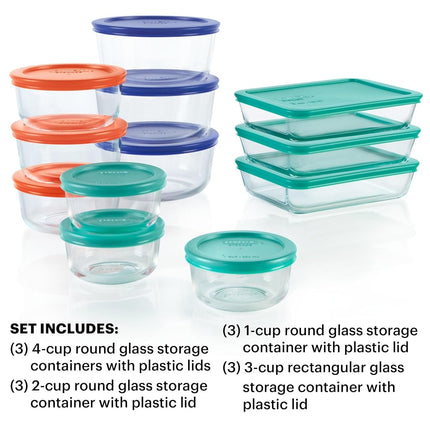 Pyrex Simply Store Rectangular Glass Food Containers with BPA Free Plastic Lids Multi-Coloured – Airtight Freshness Seal – Stain and Odour Resistant Tempered Glass, 24-Piece Set
