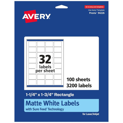 Avery Matte White Rectangle Labels with Sure Feed, 1.25" x 1.75", 3,200 Matte White Printable Labels