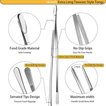 JETKONG 2 Pcs 16-Inch Kitchen Tweezers, Heavy Duty Stainless Steel Cooking Tweezers (Silver)