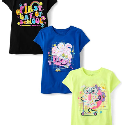 The Children's Place Girls' School Days Short Sleeve Graphic T-Shirts, Multipack, First Day of School/Cupcake/Doughnut, XX-Large
