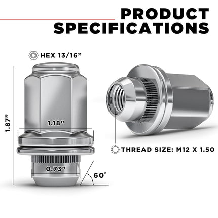 White Knight 5307L-4 Chrome M12 x 1.50 OEM-Style Long Mag Lug Nut with Washer for Toyota Tacoma, 4 Pack