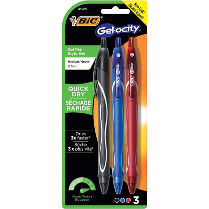BIC Gel-ocity Quick Dry Retractable Gel Pen, Medium Point, 0.7 mm, Assorted Colors, 3-Count