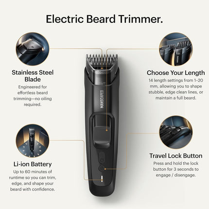 MANSCAPED® The Beard Hedger® PLUS, Men's Adjustable Beard & Mustache Trimmer with 14 Length Settings (1–20mm), Stainless Steel Blade, Waterproof Cordless Grooming, Travel Lock, USB-C Rechargeable