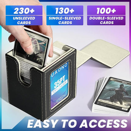 UAONO Card Deck Box with MTG Commander Display, Patented Design Card Deck Case Holds 100+ Double-Sleeved Cards, PU Leather Cards Storage Box for TCG with 2 Dividers, 1 Toploader (Black&Gold)