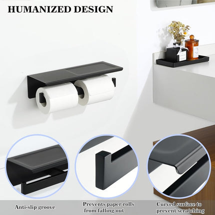 Alise Double Toilet Paper Holder,Bathroom Tissue Holder with Shelf,SUS304 Stainless Steel Toilet Paper Roll Holder Storage Dispenser,Self Adhesive or Wall Mount Drilling Paper Rack,Matte Black