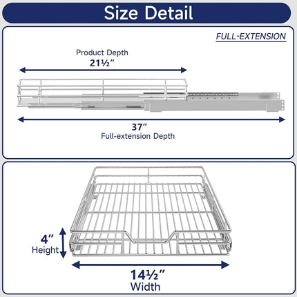 LUXEYARD Pull Out Cabinet Organizer, 14.5" W x 21.5" D, Heavy Duty Chrome Slide Out Shelf for Base Cabinets, Sliding Wire Basket Drawer for Pantry Items, Bowls, Containers & Cleaning Supplies