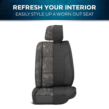 Fundas de asiento de coche MotorBox – Edición DiamondLux de protectores de asiento prémium de piel sintética negra – Accesorios acolchados automotrices con costuras de doble cruz para camiones, todoterrenos, coches – Juego de asientos delanteros