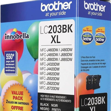 Brother Genuine High Yield Black Ink Cartridges, LC2032PKS, Replacement Black Ink Two Pack, Includes 2 Cartridges of Black Ink, Page Yield Up To 550 Pages/Cartridge, LC203