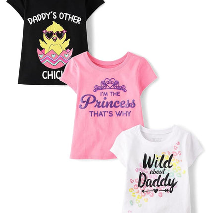 The Children's Place T-shirts graphiques à manches courtes pour bébés filles et tout-petites, motif licornes, papillons, tendances, lot de 3, Wild/Dad Chick/Princess, 18-24 mois