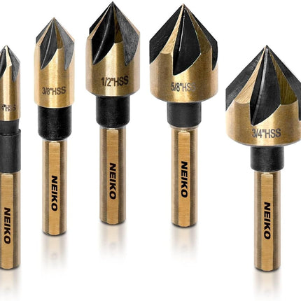 NEIKO 10218A Countersink Drill Bit Set for Wood and Metal, 1/4” Tri-Flat Shank, 5 Piece Countersink Bits, M2 High Speed Steel