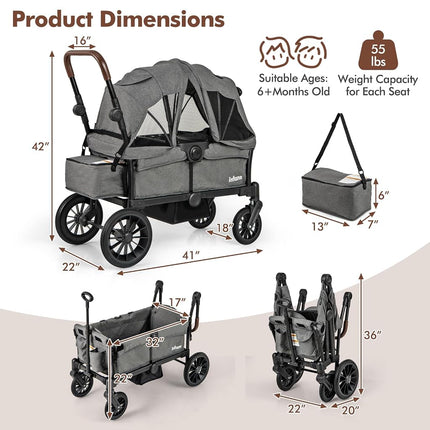 INFANS Wagon Stroller for 2 Kids, Collapsible Adjustable Push Pull Handle Bar, 2 Seater Stroller Wagon with Removable Canopy Snack Tray, Comfortable Drop-Down footwell and Upholstered Seats (Grey)