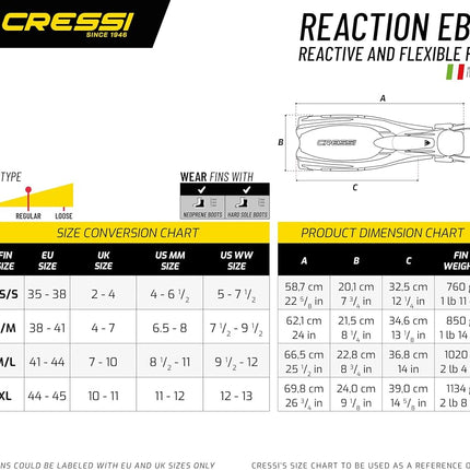 Cressi Reaction Adult Scuba Diving Open Heel Fins with Bungee Strap