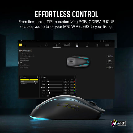 Ratón para juegos FPS ligero Corsair M75 Wireless RGB – 26 000 PPP – Botones laterales intercambiables – Compatible con iCUE – PC – Negro