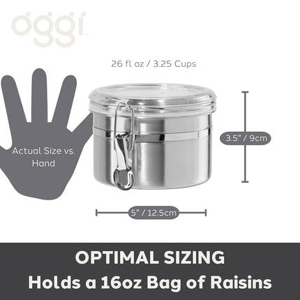 Oggi 26-Ounce Stainless Steel Canister with Clear Arylic Lid and Locking Clamp