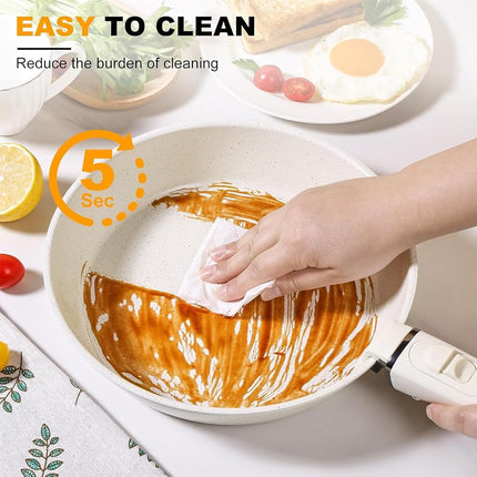 Juego de ollas y sartenes antiadherente, juego de utensilios de cocina de 12 piezas para cocinar, juego de cocina con sartenes antiadherentes con tapa y mango desmontable, beige