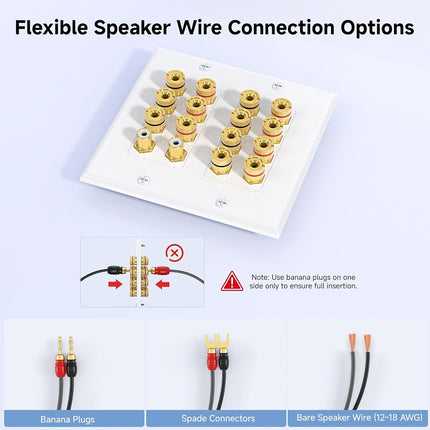 Cable Matters Double Gang 7.2 Speaker Wall Plate, Home Theater Wall Plate, Banana Plug Binding Post FacePlate, White