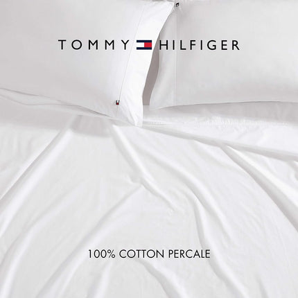 Tommy Hilfiger - Sheet Set, Cotton Percale Bedding with Matching Pillowcases, Crisp & Cool, Solid Home Essentials (White, King)