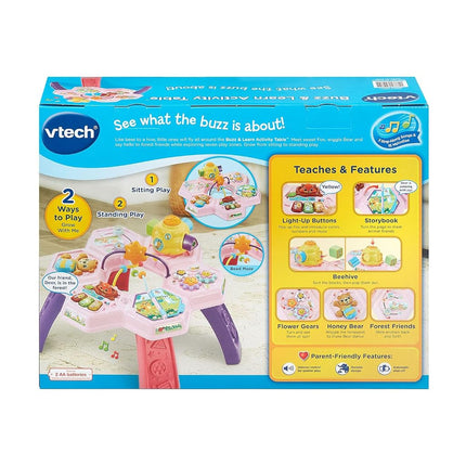 VTech Buzz and Learn activity table with seven interactive play zones, pink