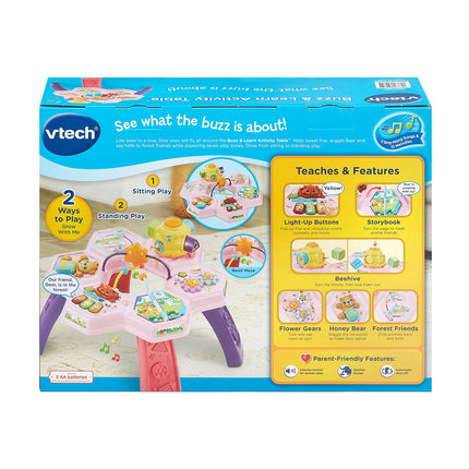 VTech Buzz and Learn activity table with seven interactive play zones, pink