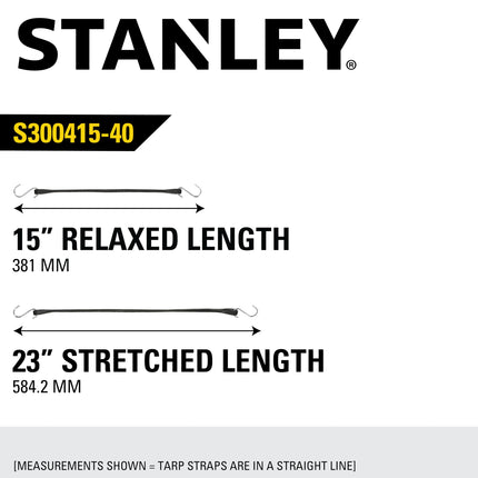 STANLEY S300415 Cuerdas elásticas de goma negras de 15" para todo tipo de clima con ganchos en S para asegurar lonas, remolques de plataforma y cubiertas de barcos, almacenamiento y carga, paquete de 40 unidades