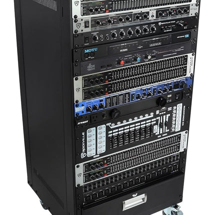 Rockville RR20U 20U Live Sound/Recording Studio Rack Case with Wheels, Reversible Rack Rails, Front & Rear Mounting, Cable Management Ports, 440lb Capacity
