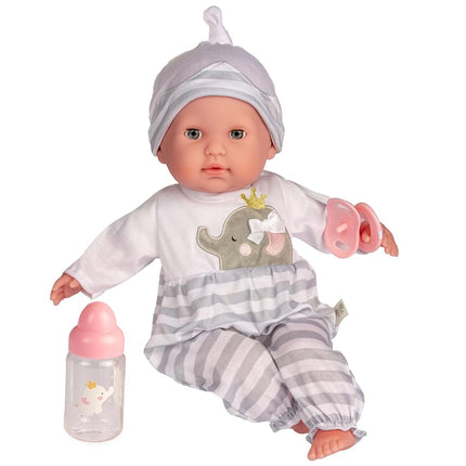 JC TOYS - Berenguer Boutique Soft Body Doll 38 cm, Her Eyes Open and Close, Includes Clothes and Accessories, Grey, Designed by Berenguer, +2 years